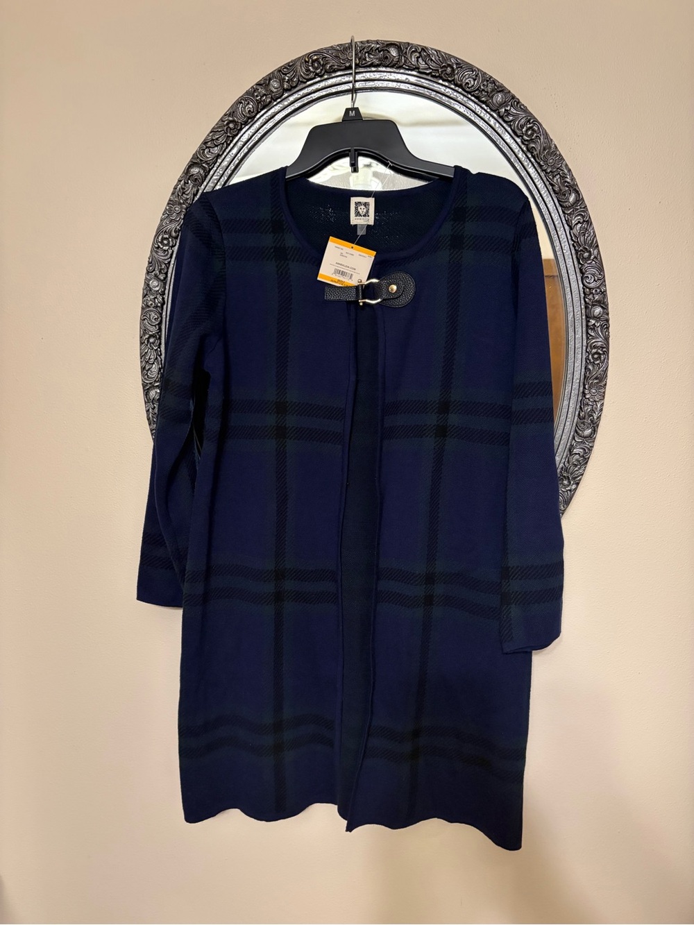 Anne Klein Navy Plaid Long Sweater with Buckle Detail